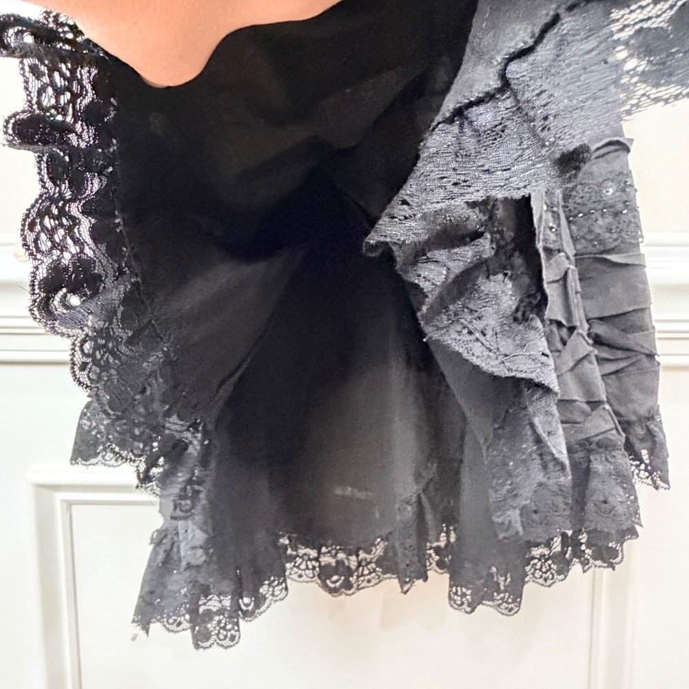 VTG CACHE Style Small Midi Dress Black LS Ribbed Knit Tiered Lace Sequin Goth - Picture 12 of 16